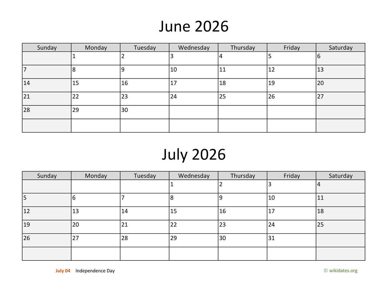 July 2026 To June 2027 Calendar Printable