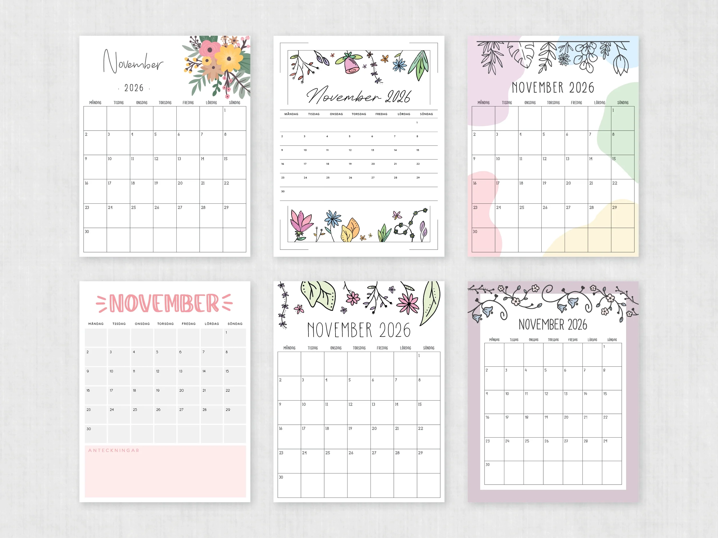 Kalender November 2026 PDF mallar Att Skriva Ut