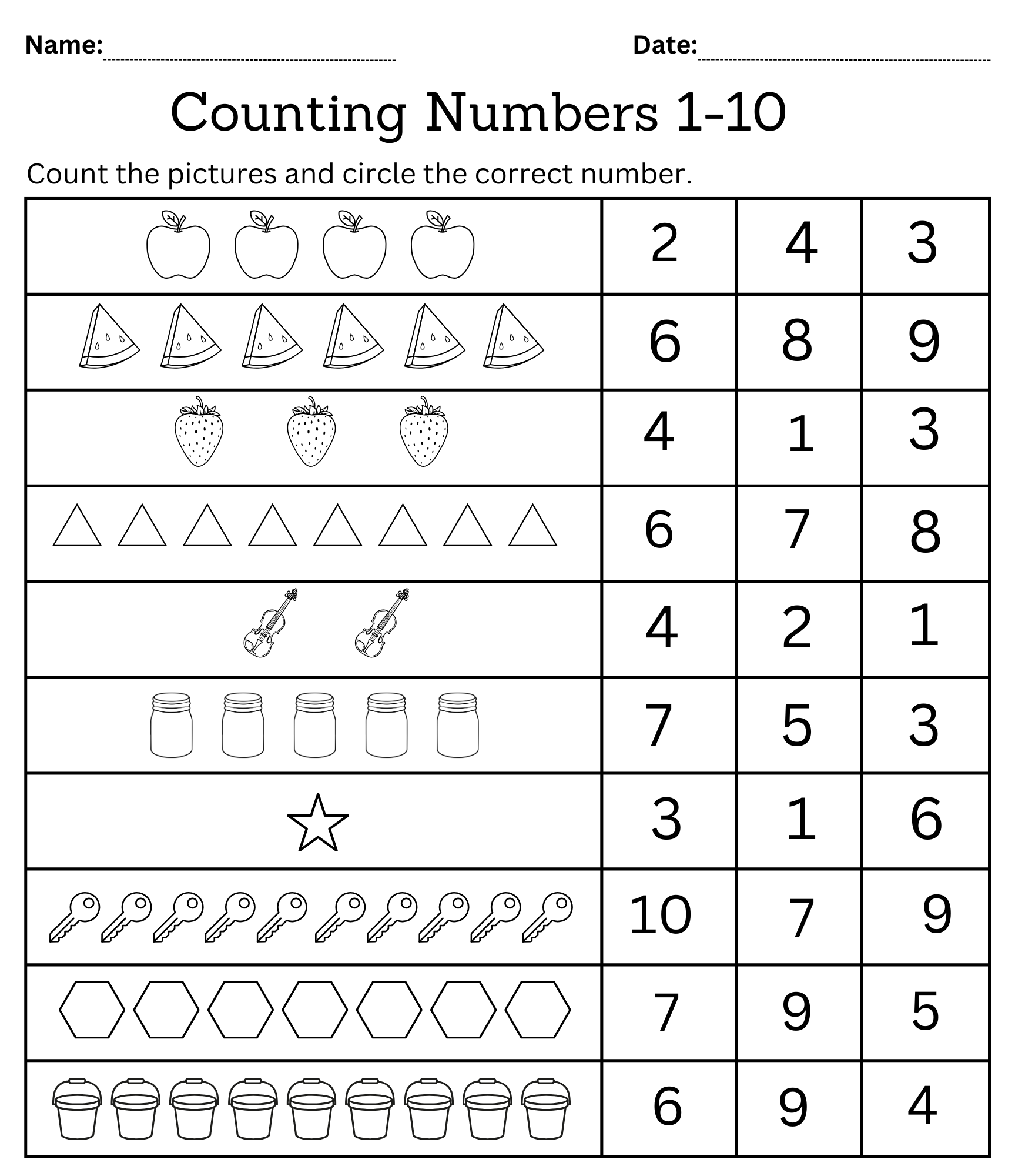 Numbers 1-10 Printable Worksheets