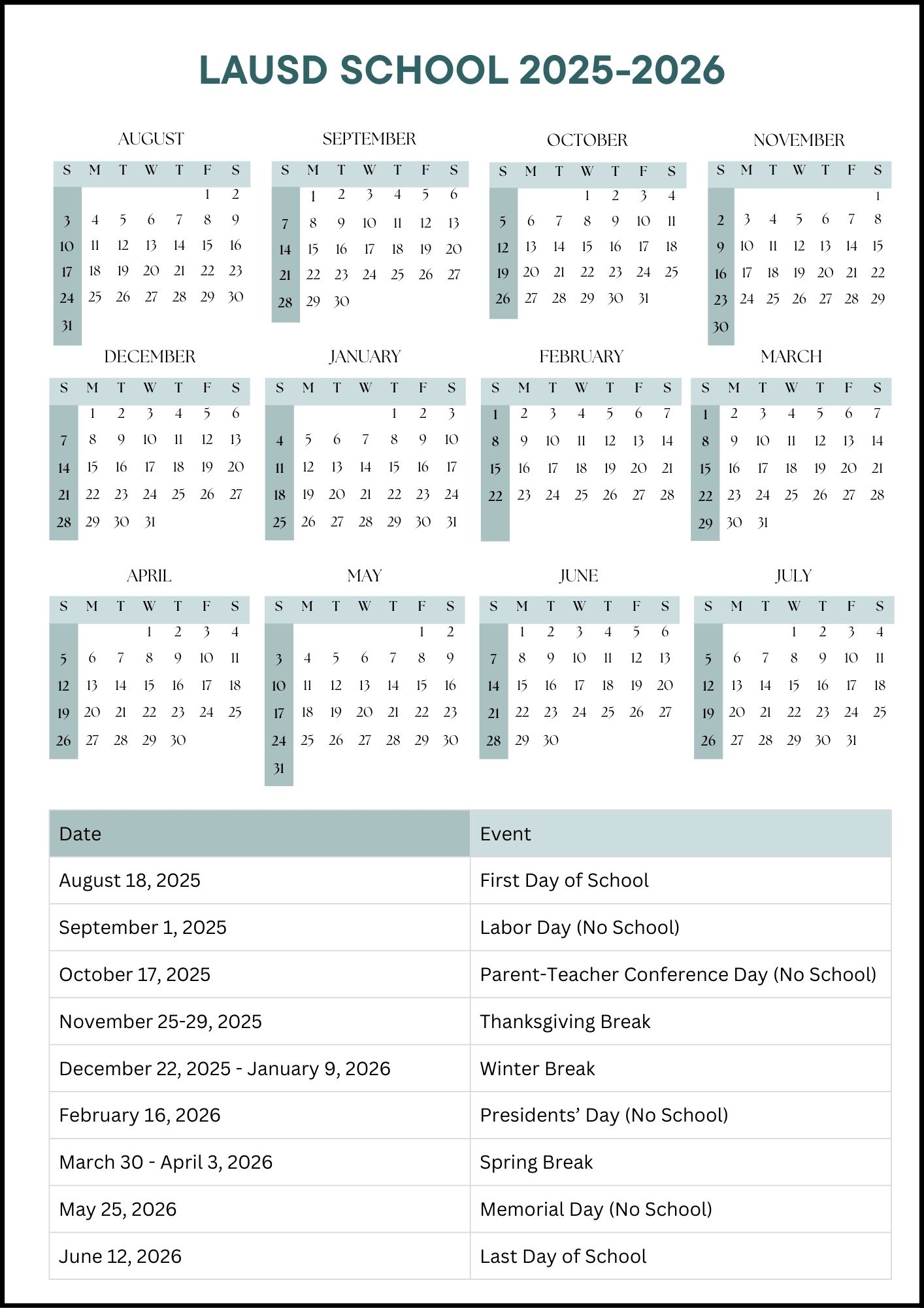 Lausd 2025 To 2026 Calendar Printable
