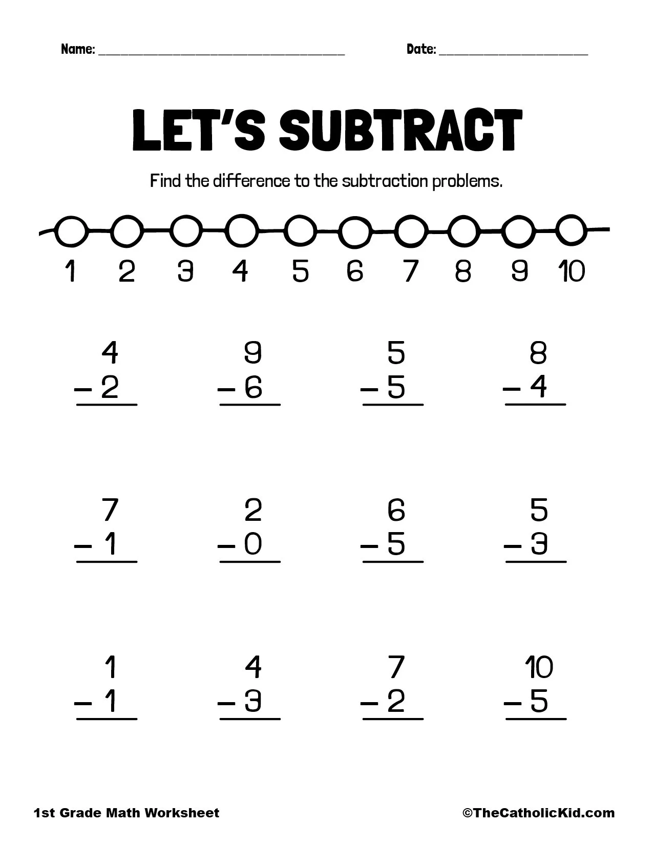 Let s Subtract 1st Grade Math Worksheet Catholic 