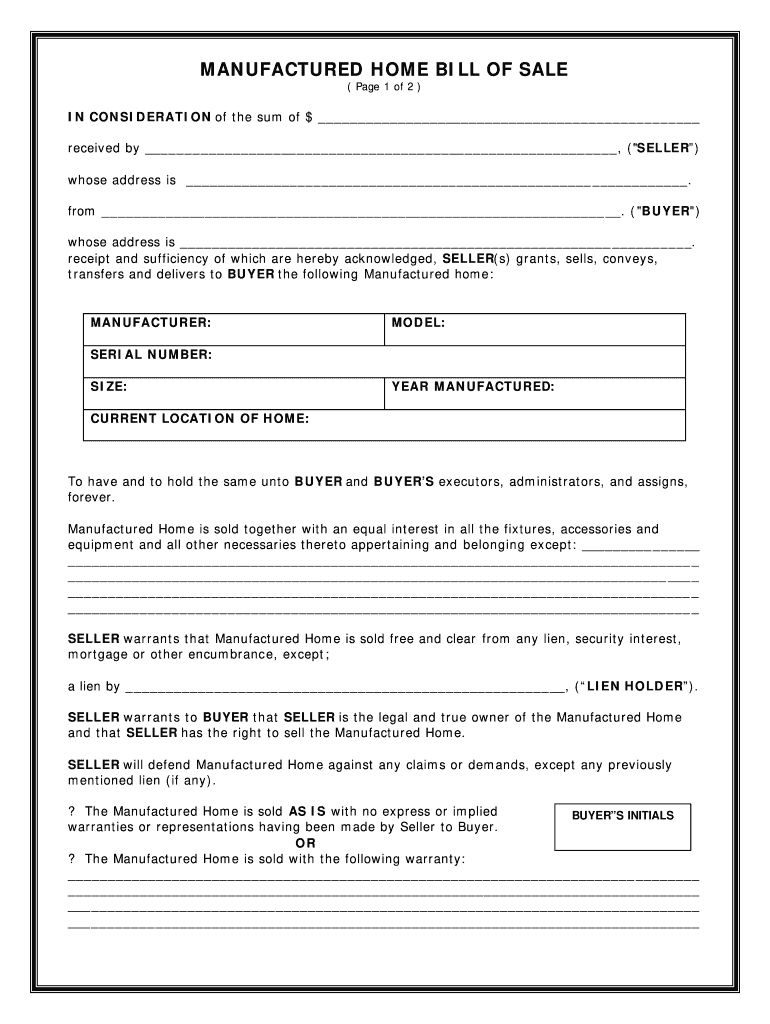 Printable Mobile Home Bill Of Sale Template Free Download