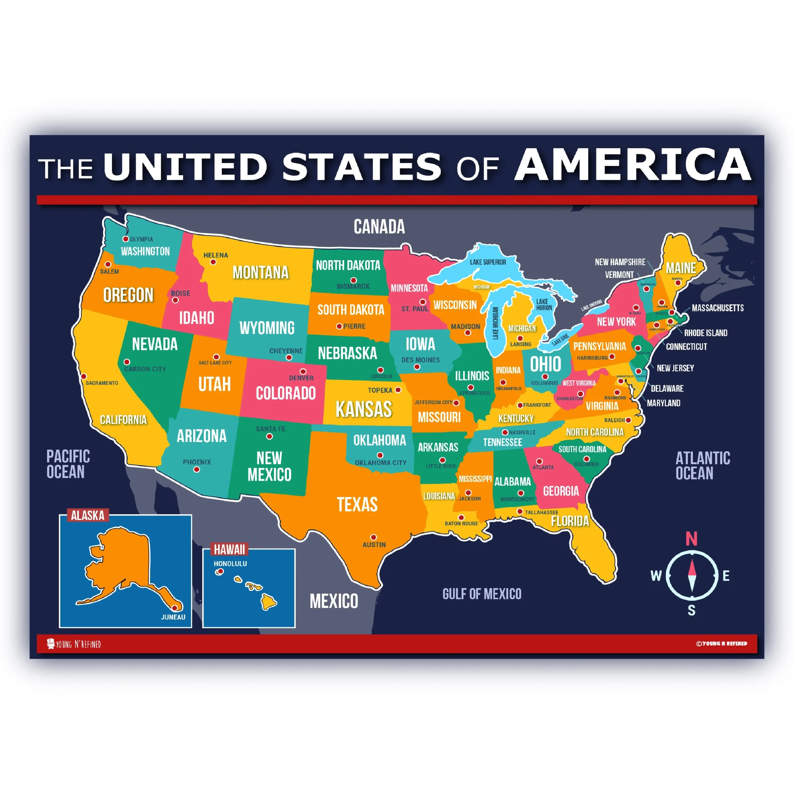 Map Of USA For Kids LAMINATED Large Poster Young N Refined