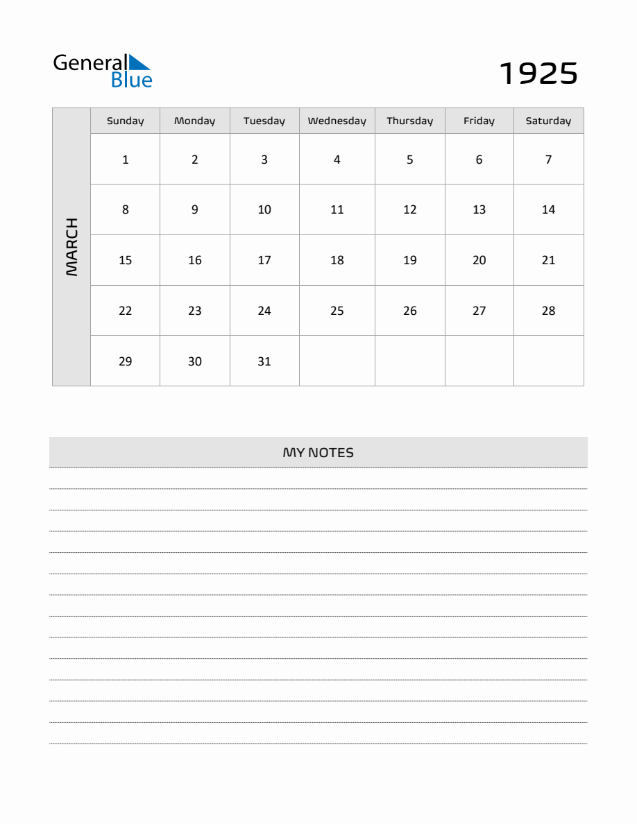 March 1925 Printable Monthly Calendar With Notes