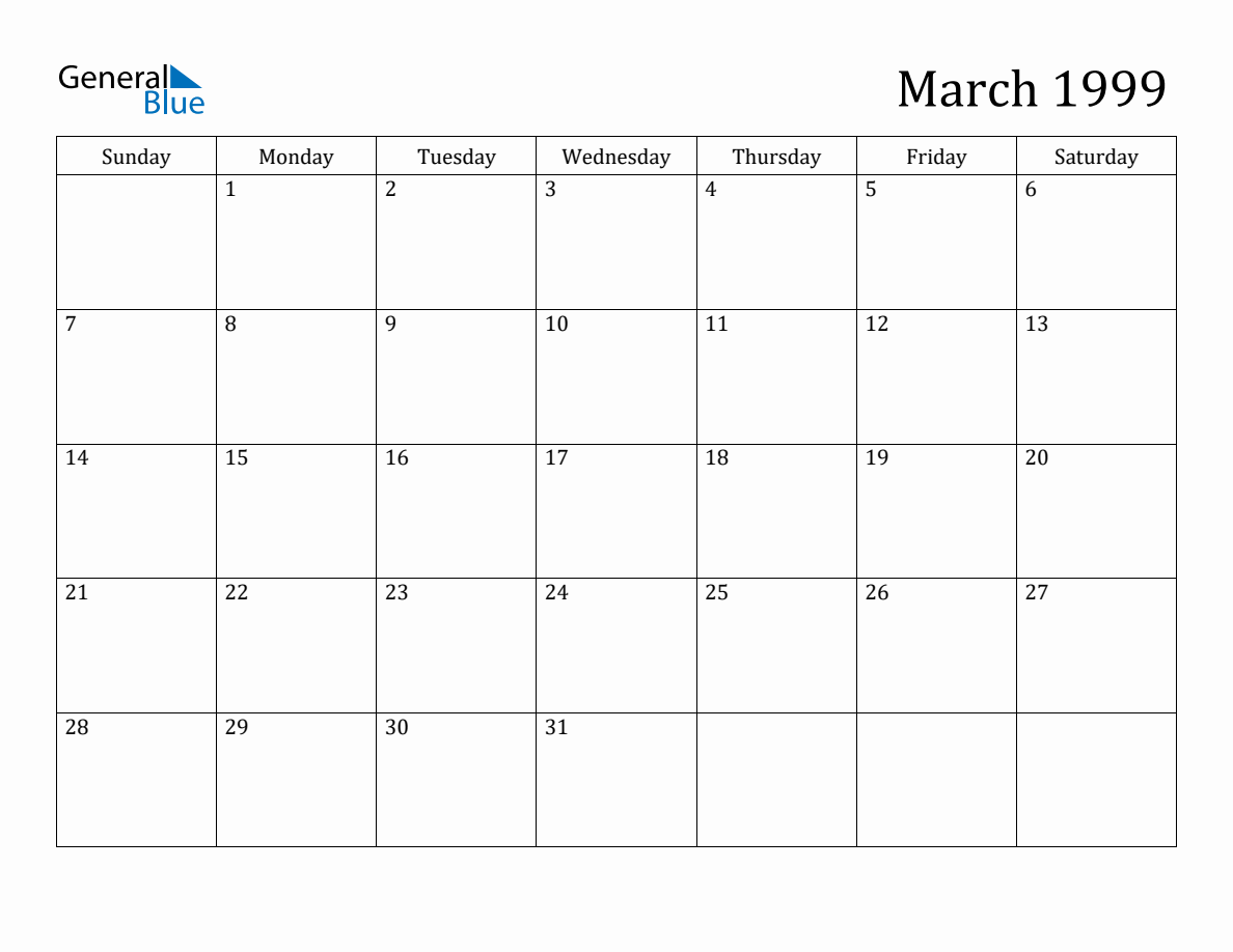 March 1999 Monthly Calendar