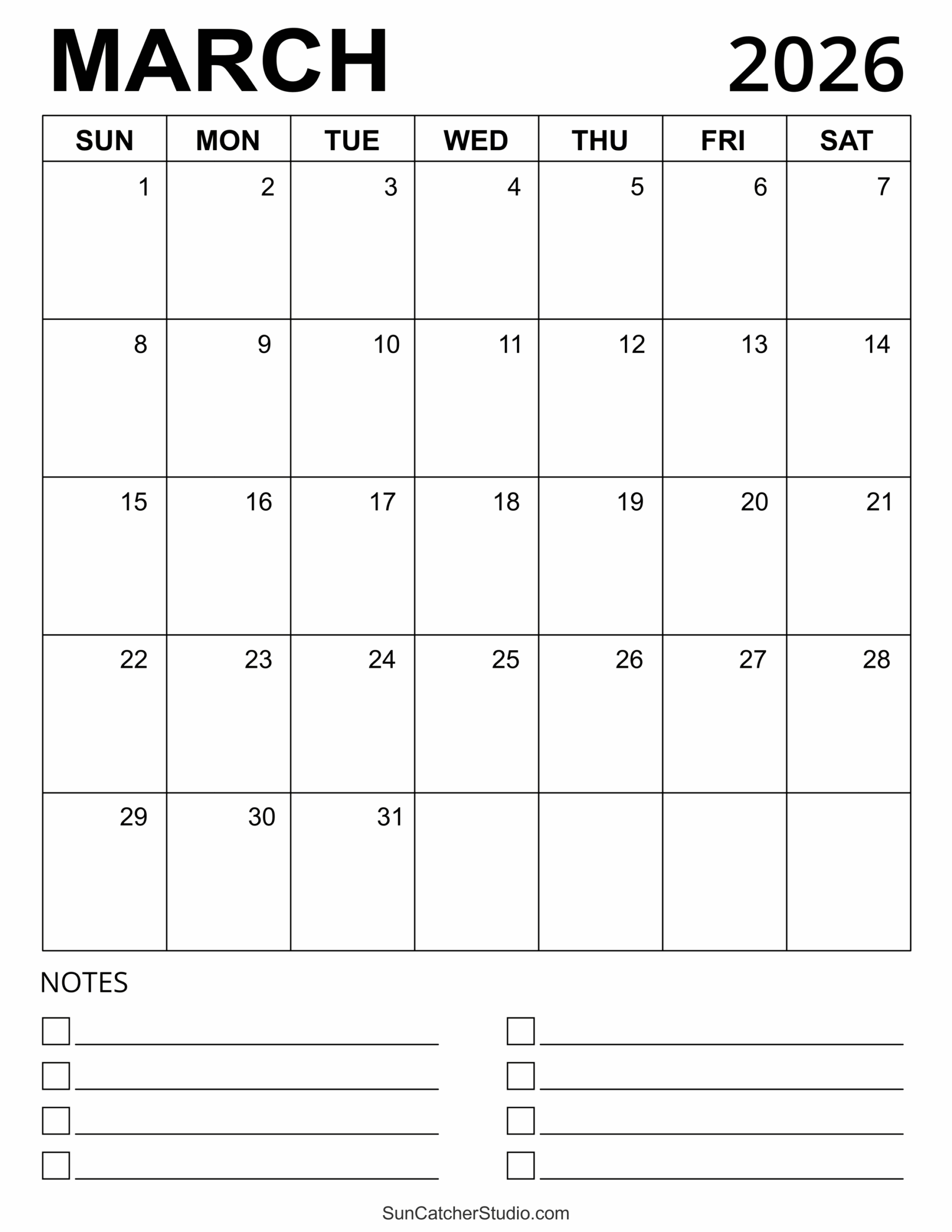 Blank Calendar March 2026 Free Printable