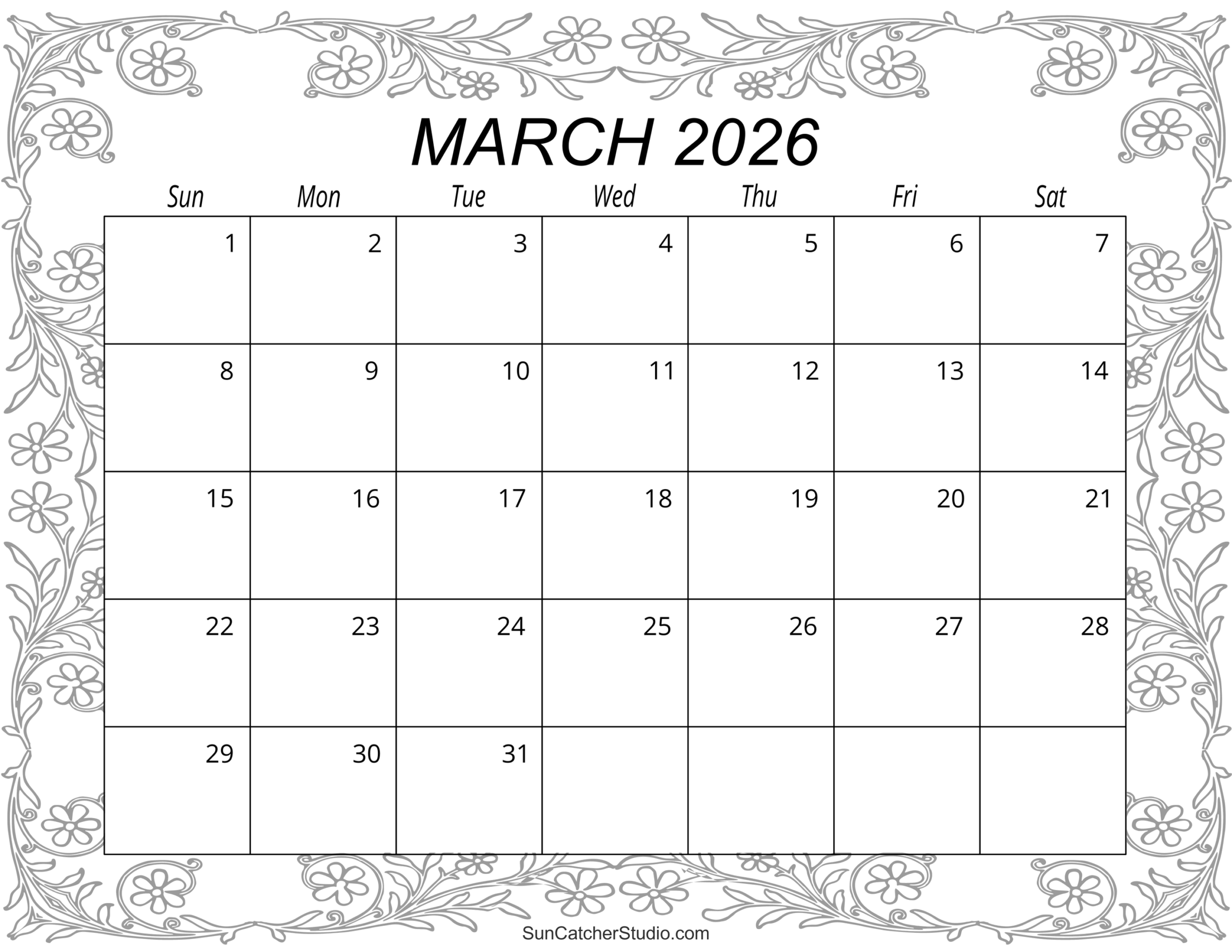 Print Blank March Calendar 2026
