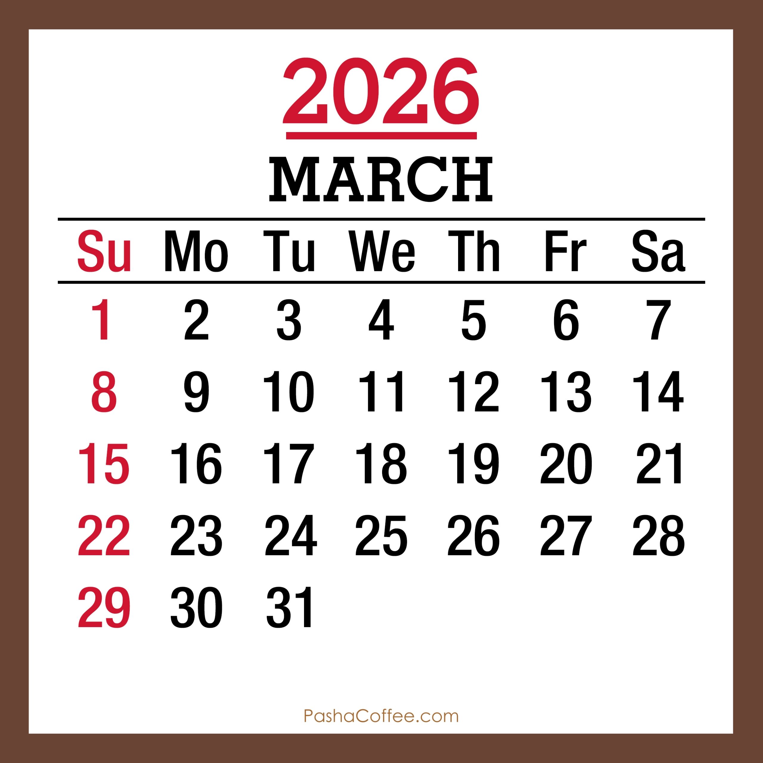 March 2026 Monthly Calendar With Holidays Printable Free 