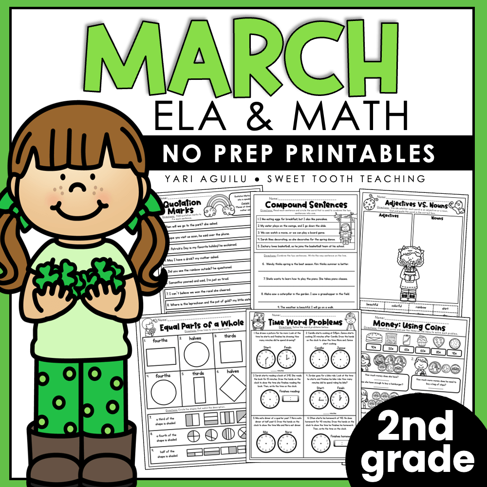 March No Prep Printables 2nd Grade Spring Worksheets Grammar Reading amp Math