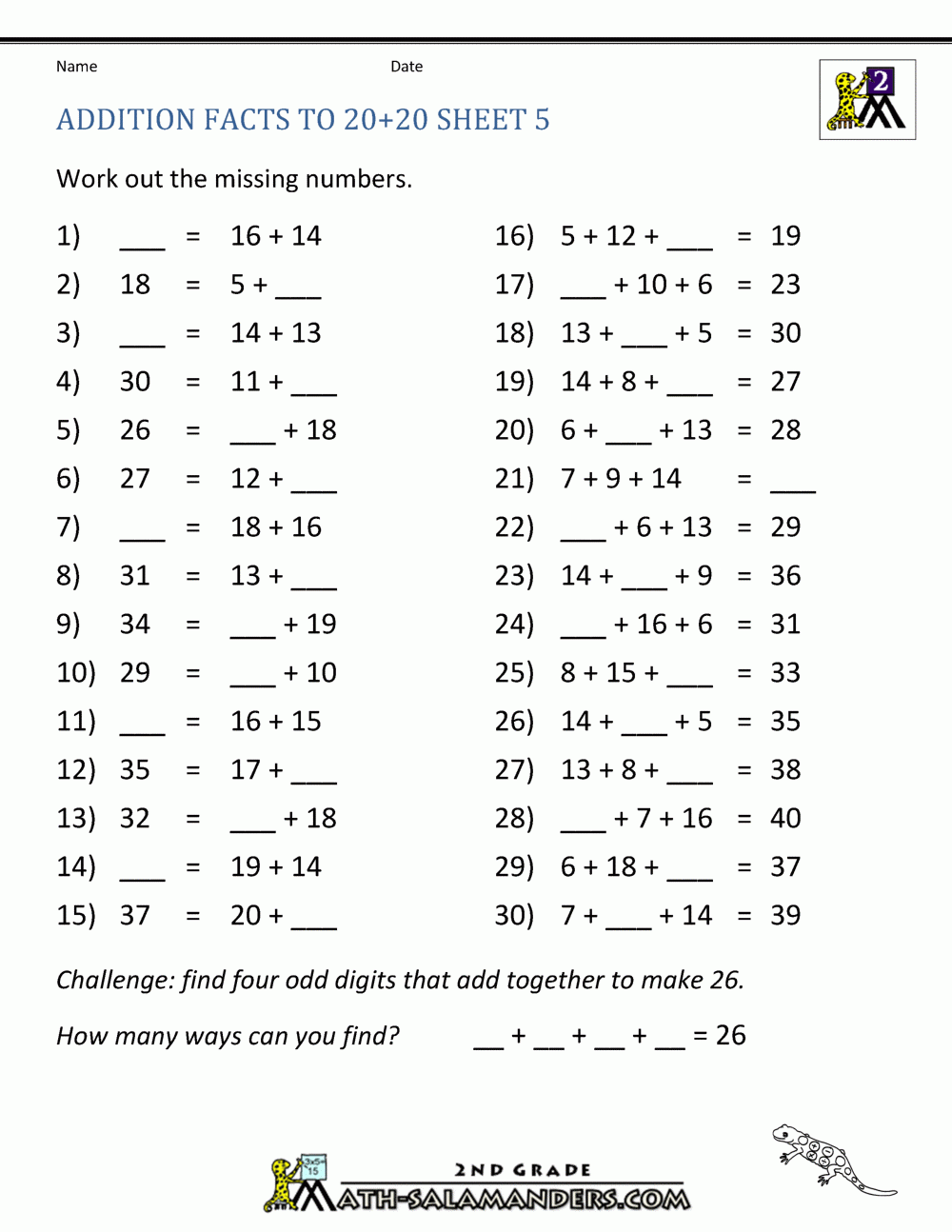 Math Addition Facts To 20