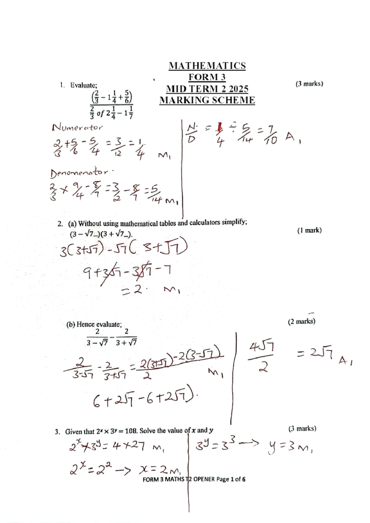 Form 3 Mid Term 1 Exams 2025