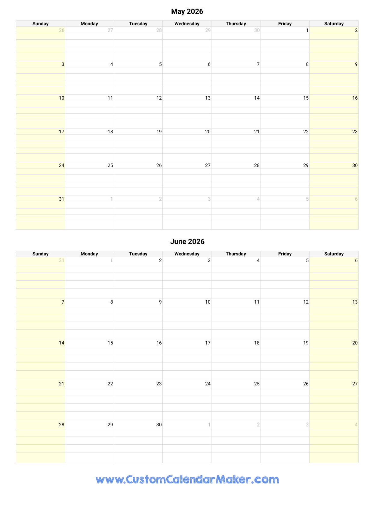 Printable May June 2026 Calendar