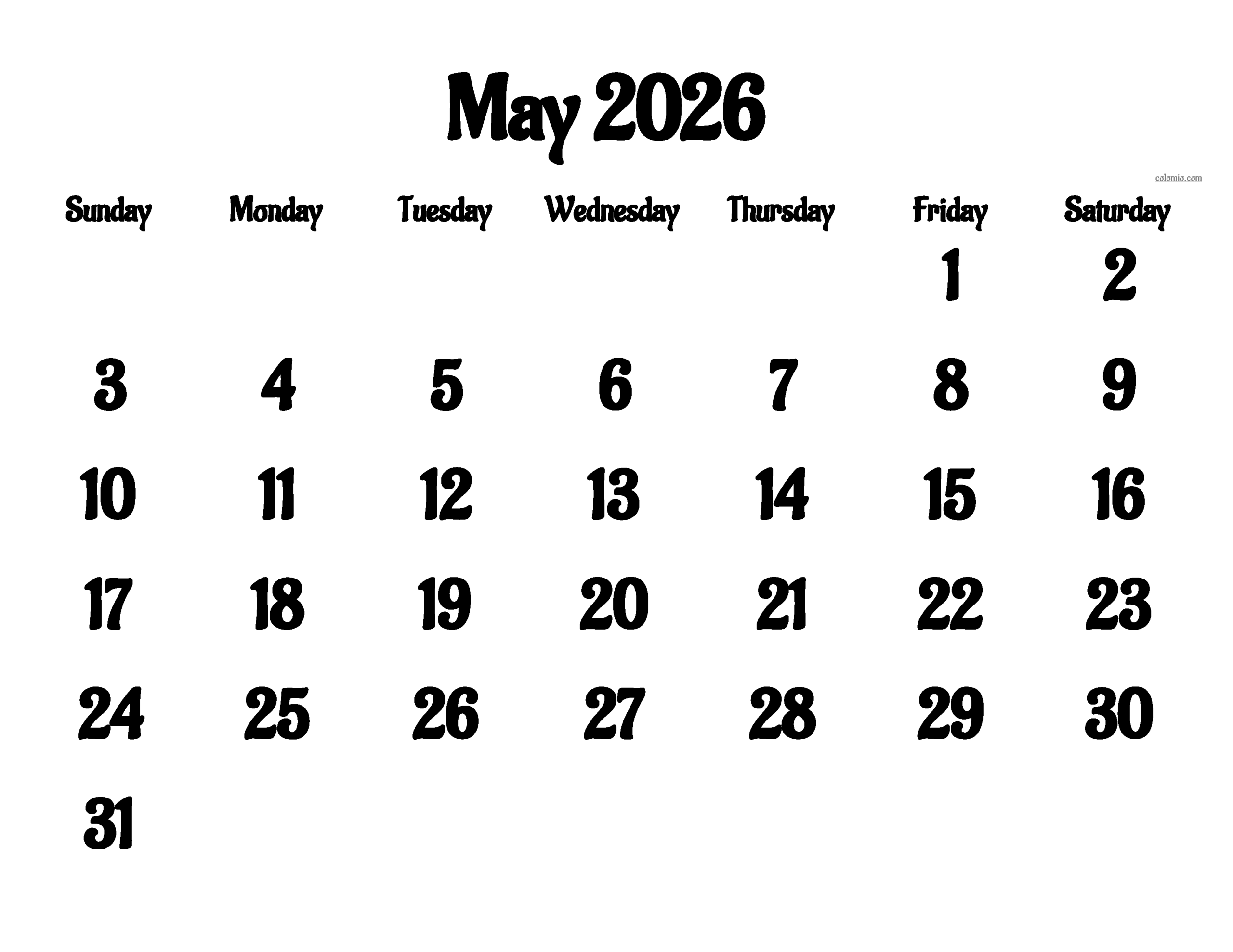 Blank May 2026 Calendar Printable Free Download