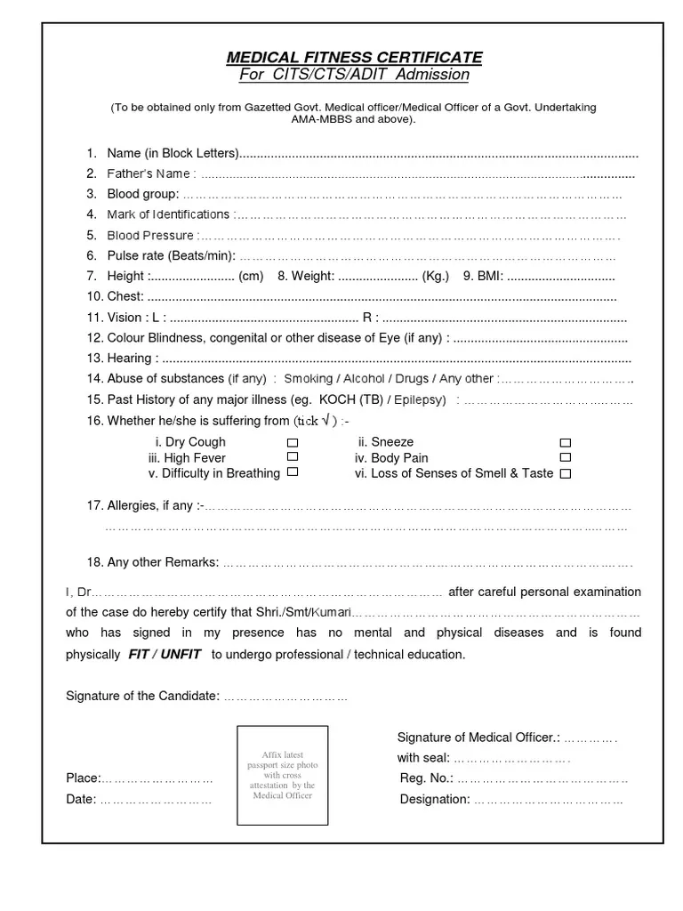 Medical Fitness Certificate For CITS Admission PDF Medical 
