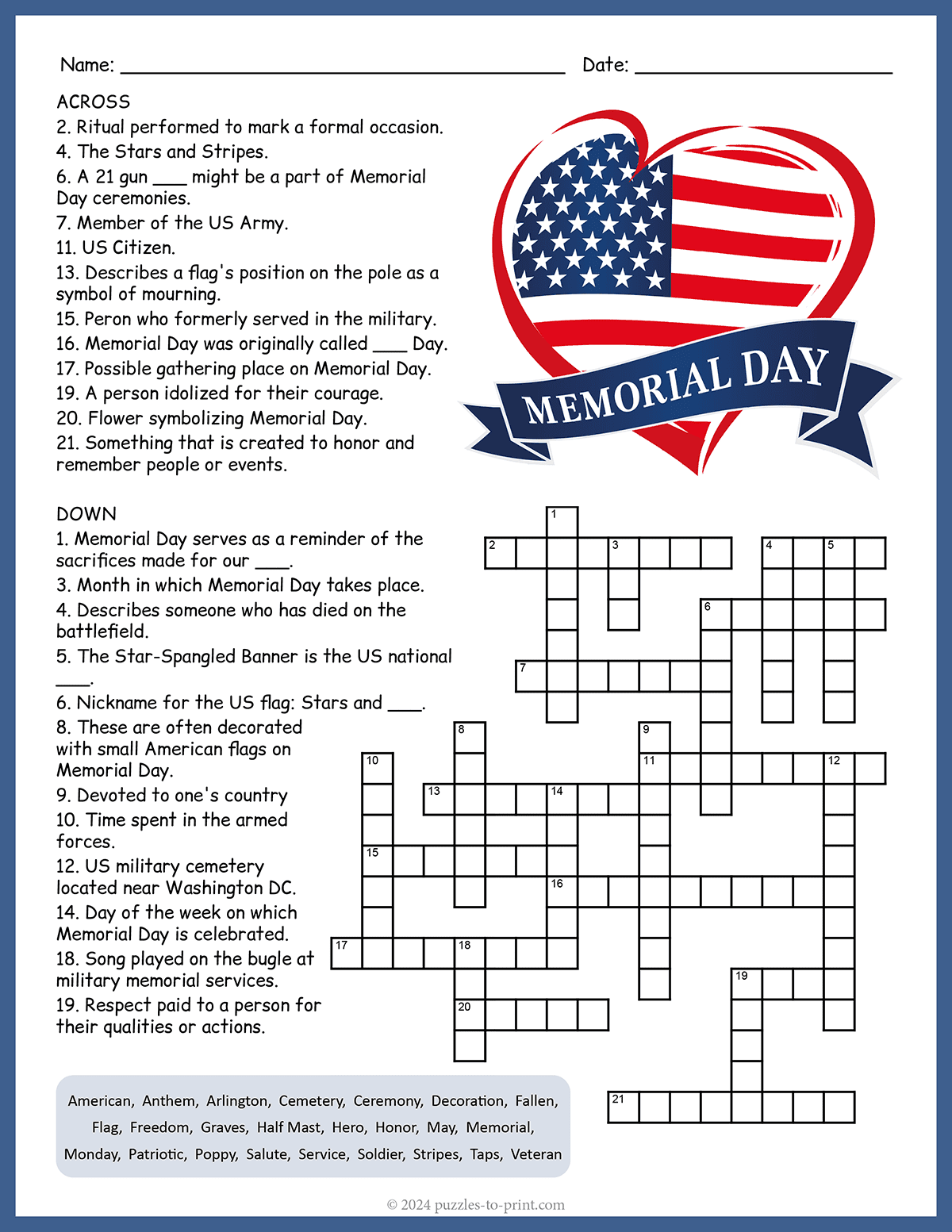 Memorial Day Crossword Puzzles Printable