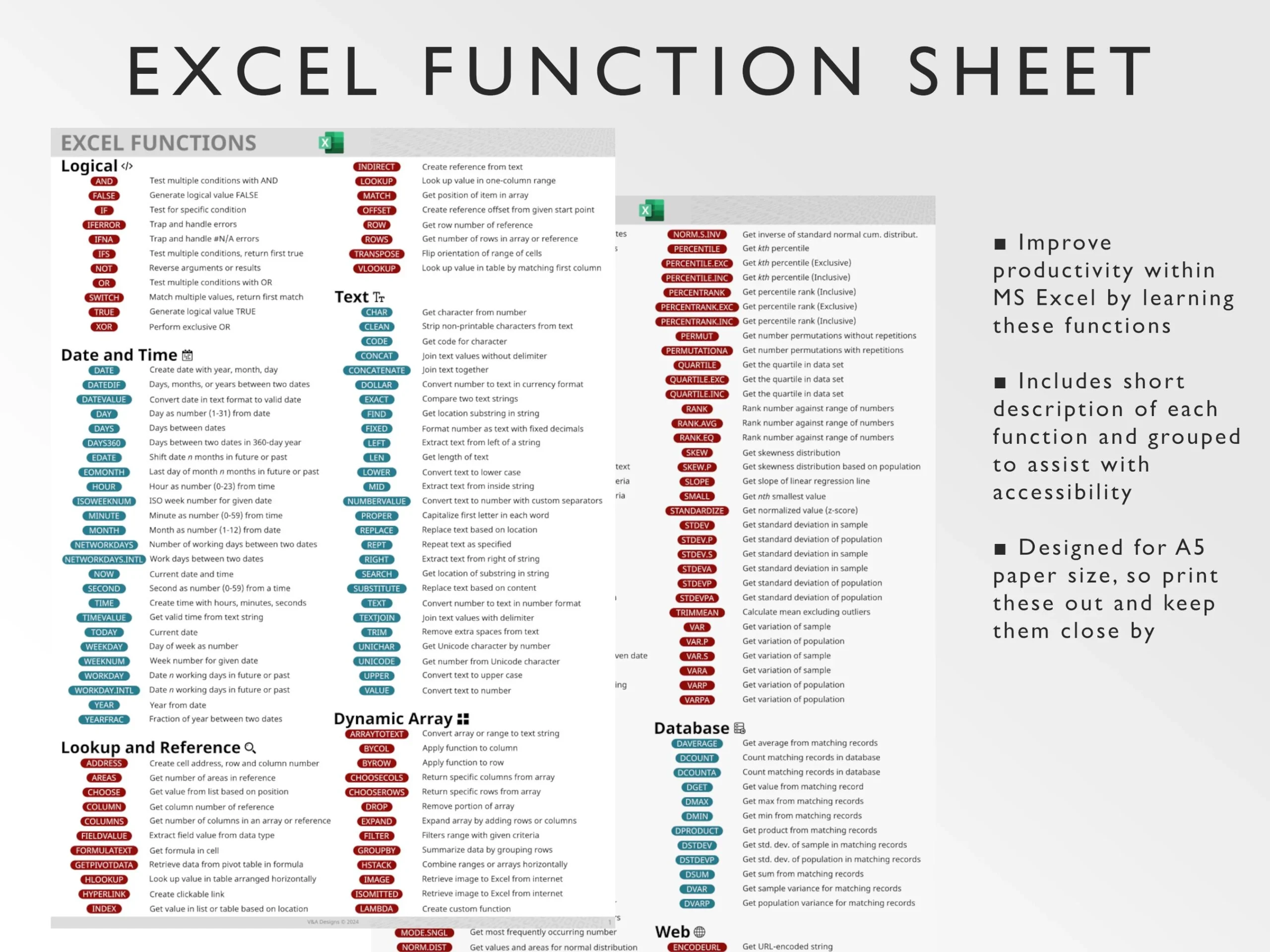 Microsoft Excel Functions Printable Excel Cheat Sheet Workbook 