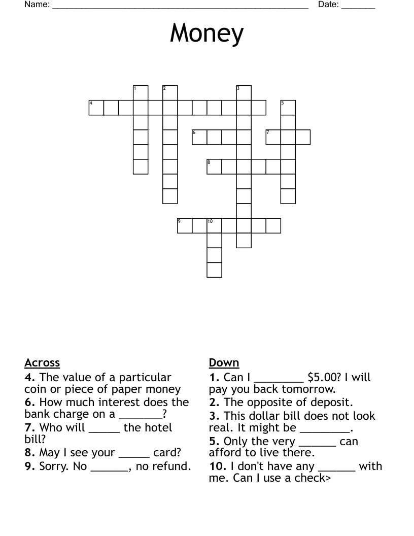 Printable Currency Crossword Puzzle