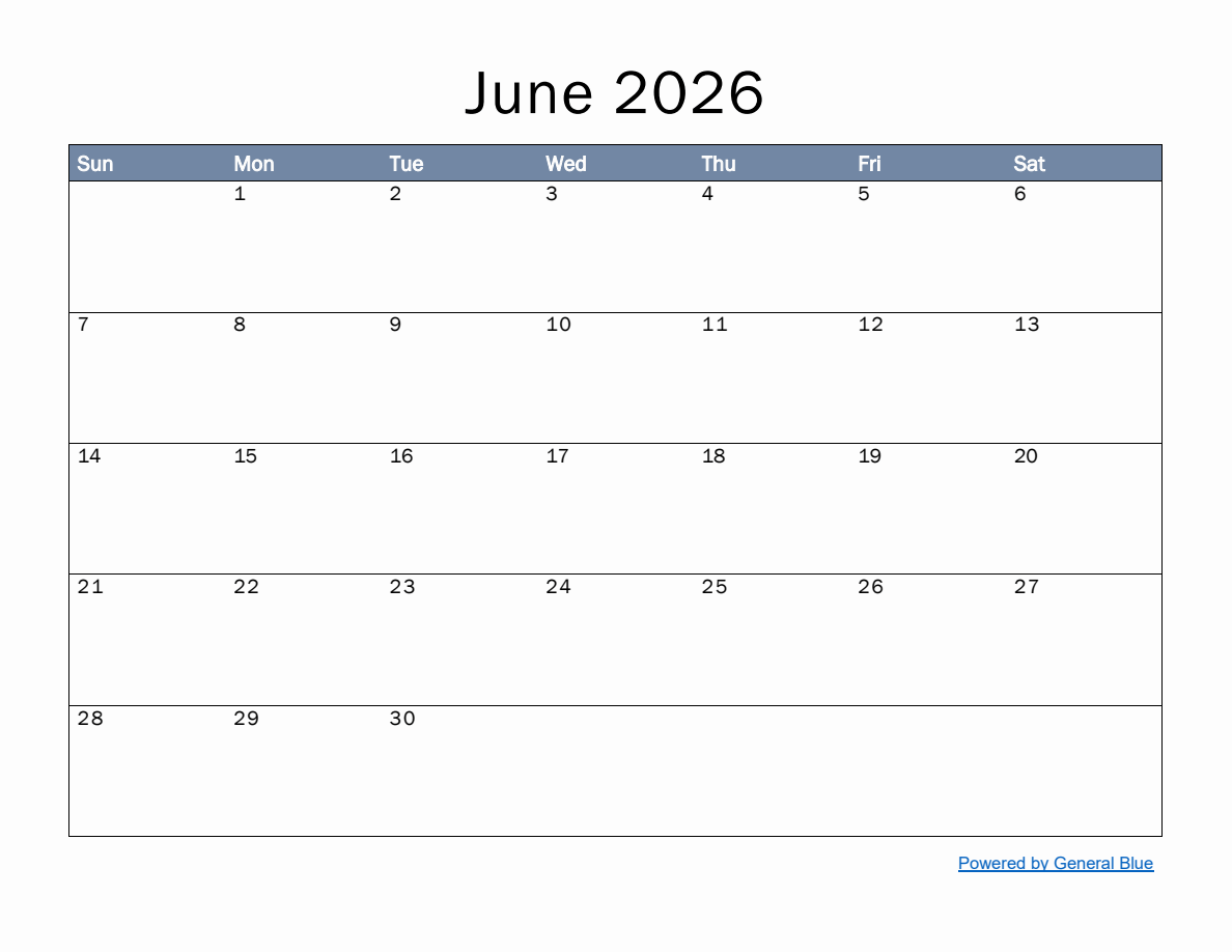 Monthly Calendar Template For June 2026