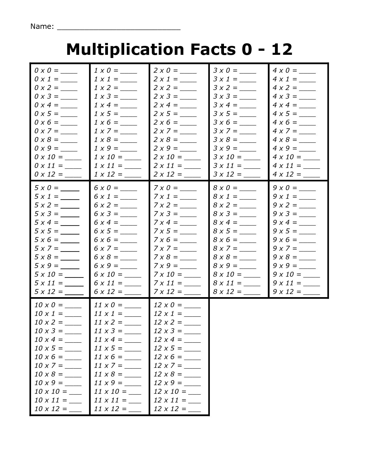 Multiplication Facts To 12 Worksheet For 3rd 4th Grade Lesson 