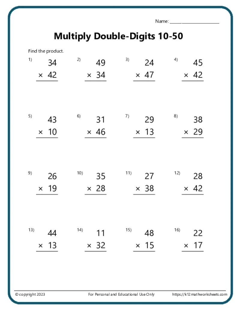 Multiplication Printable Worksheets Free