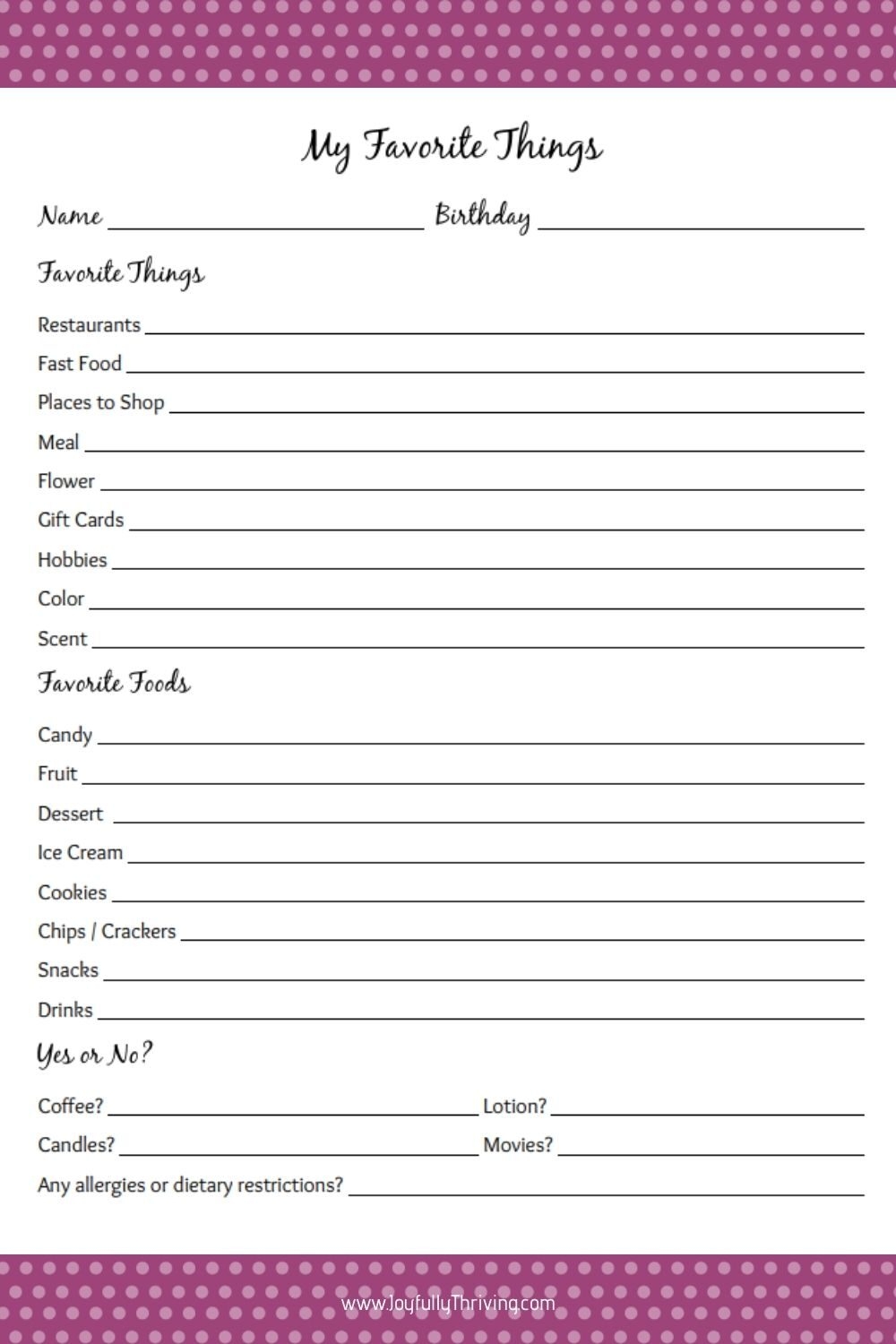 Printable My Favorite Things