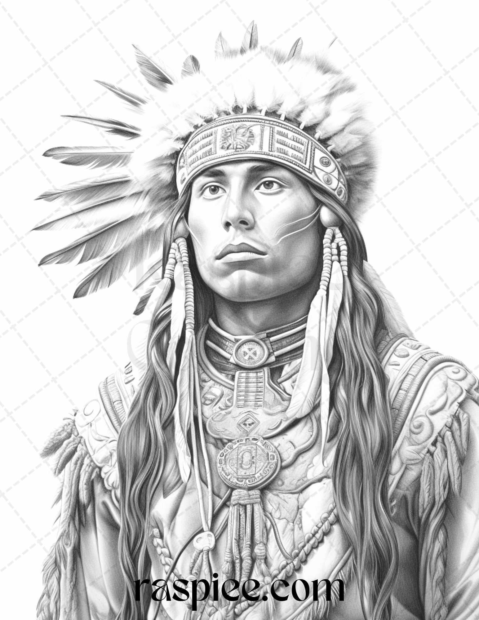 Native American Portrait Grayscale Coloring Pages Printable For Adults PDF File Instant Download