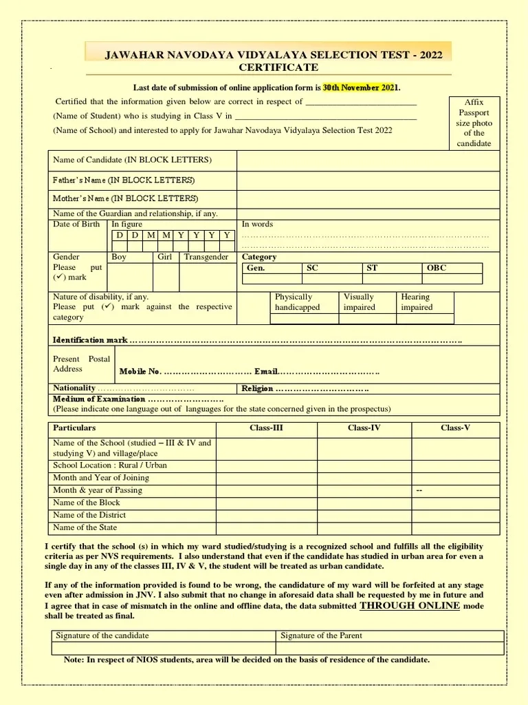 Jnv Application Form For Class 6 2024