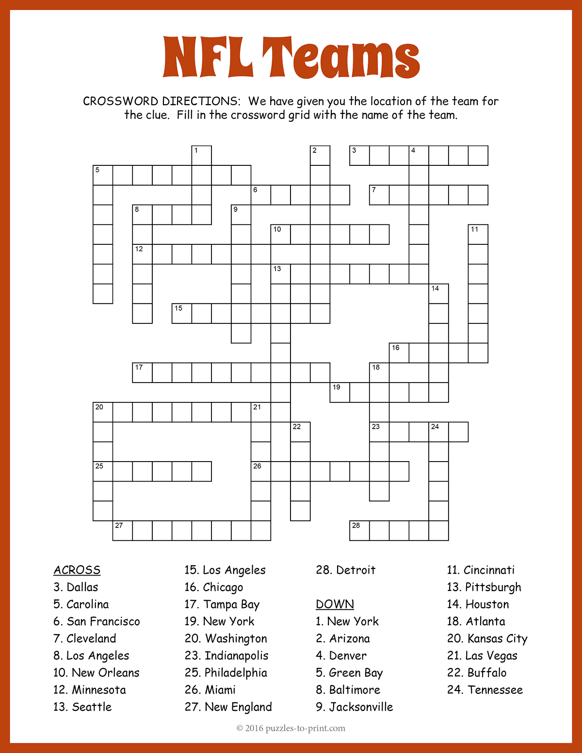 Nfl Crossword Puzzles Printable