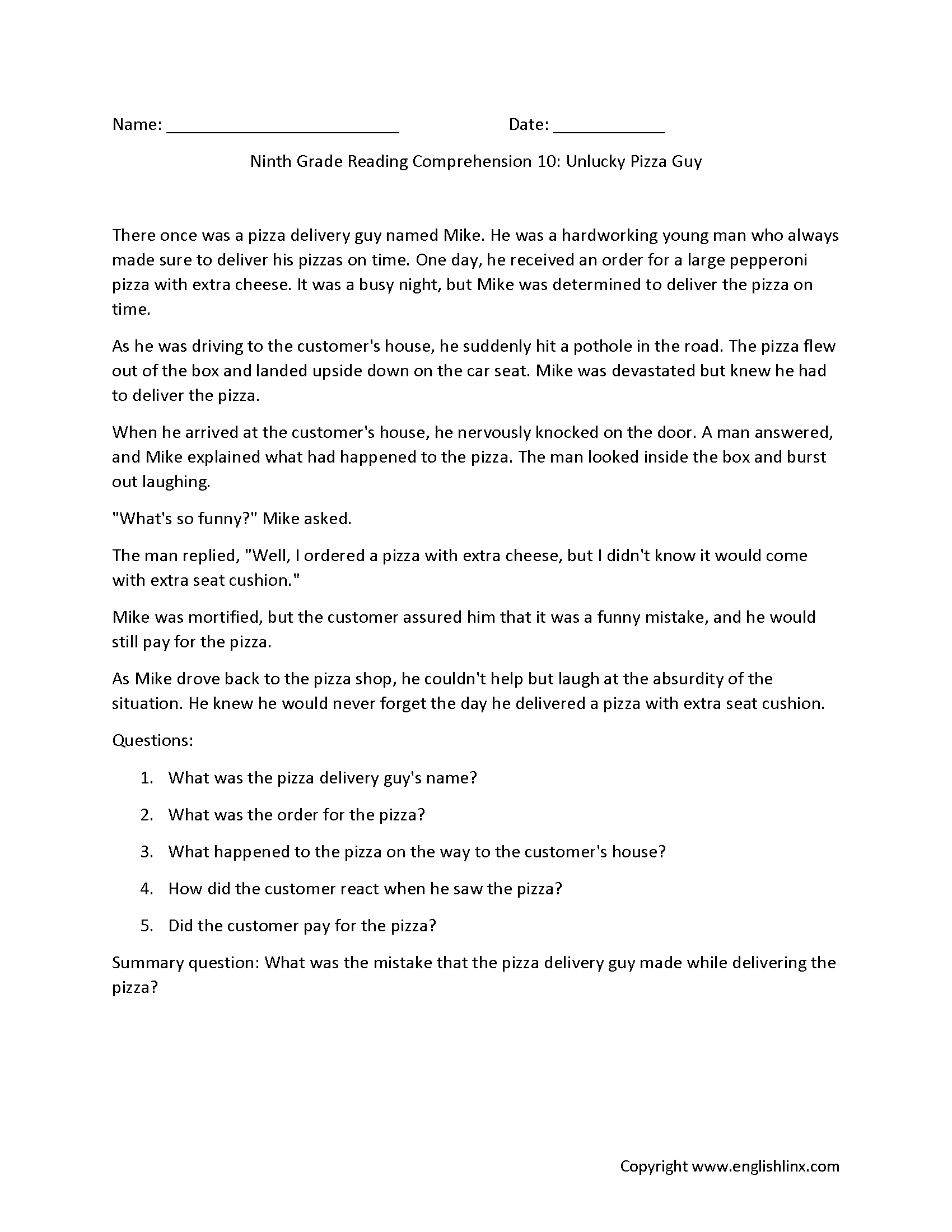 Ninth Grade Reading Comprehension Worksheets Passages amp Question 