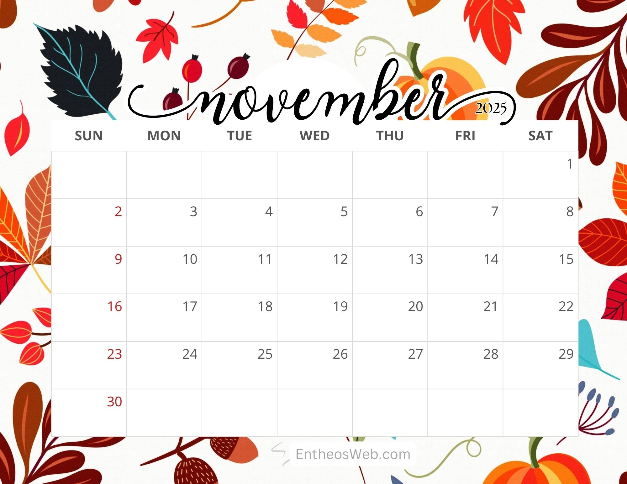 November Calendar Festive Printable