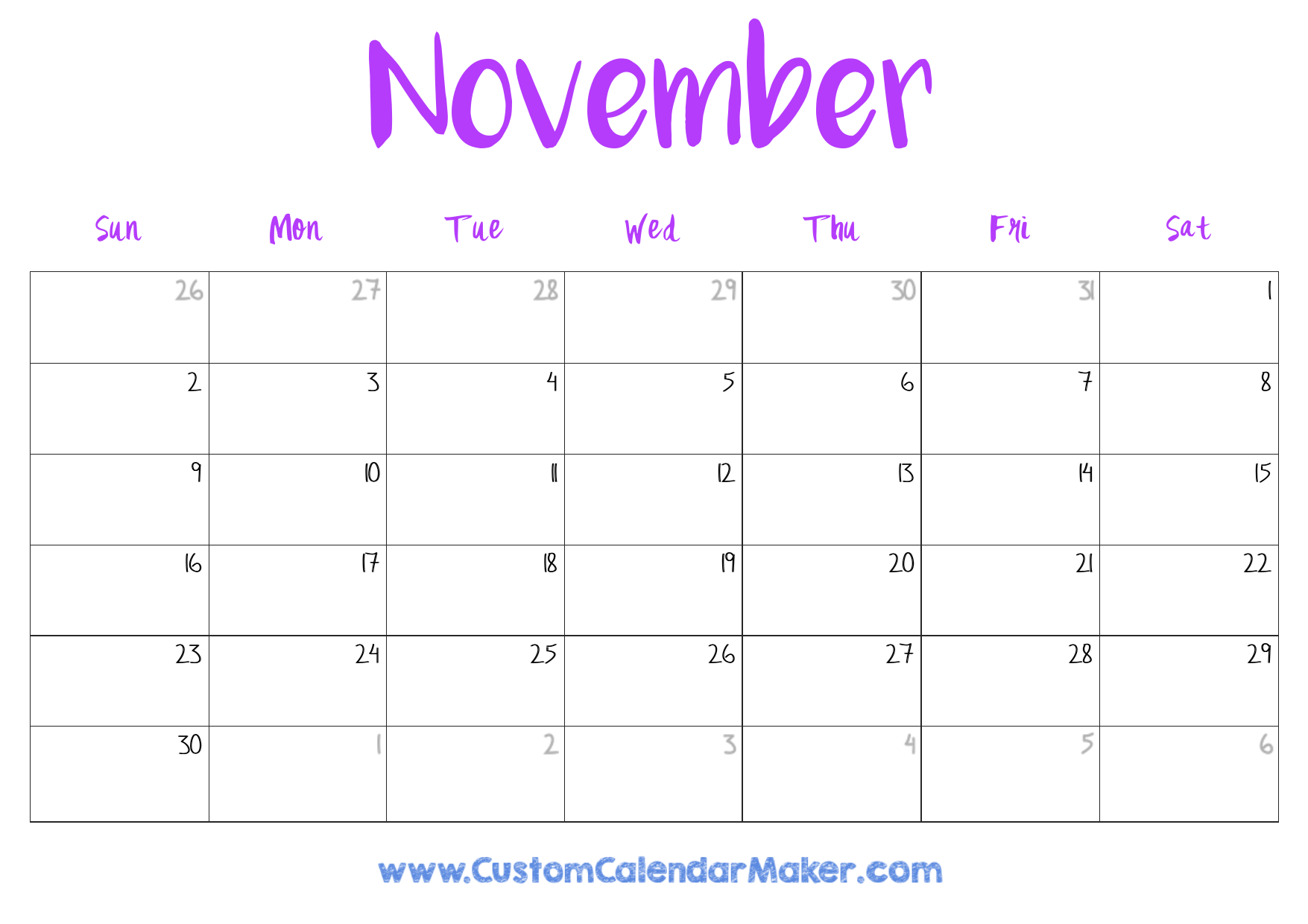 Blank November Calendar Printable