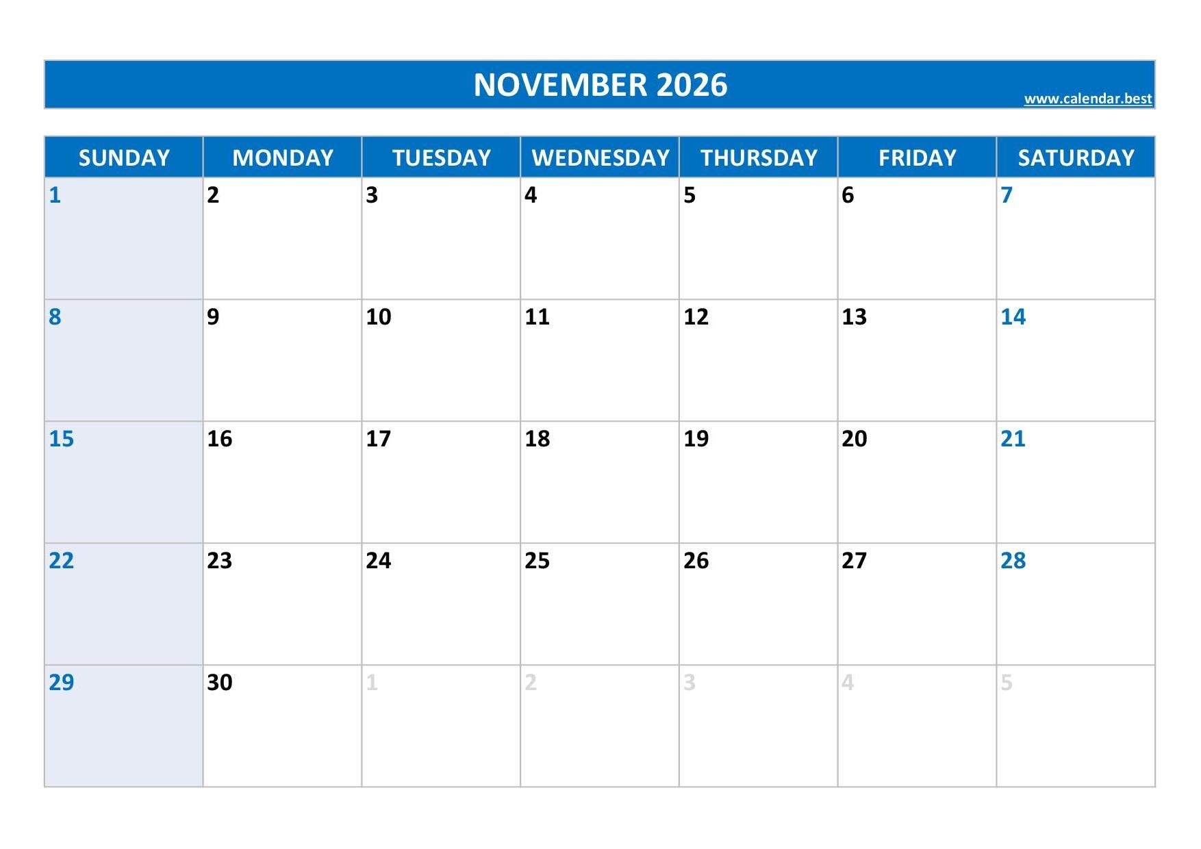 November 2026 Monthly Printable Calendar