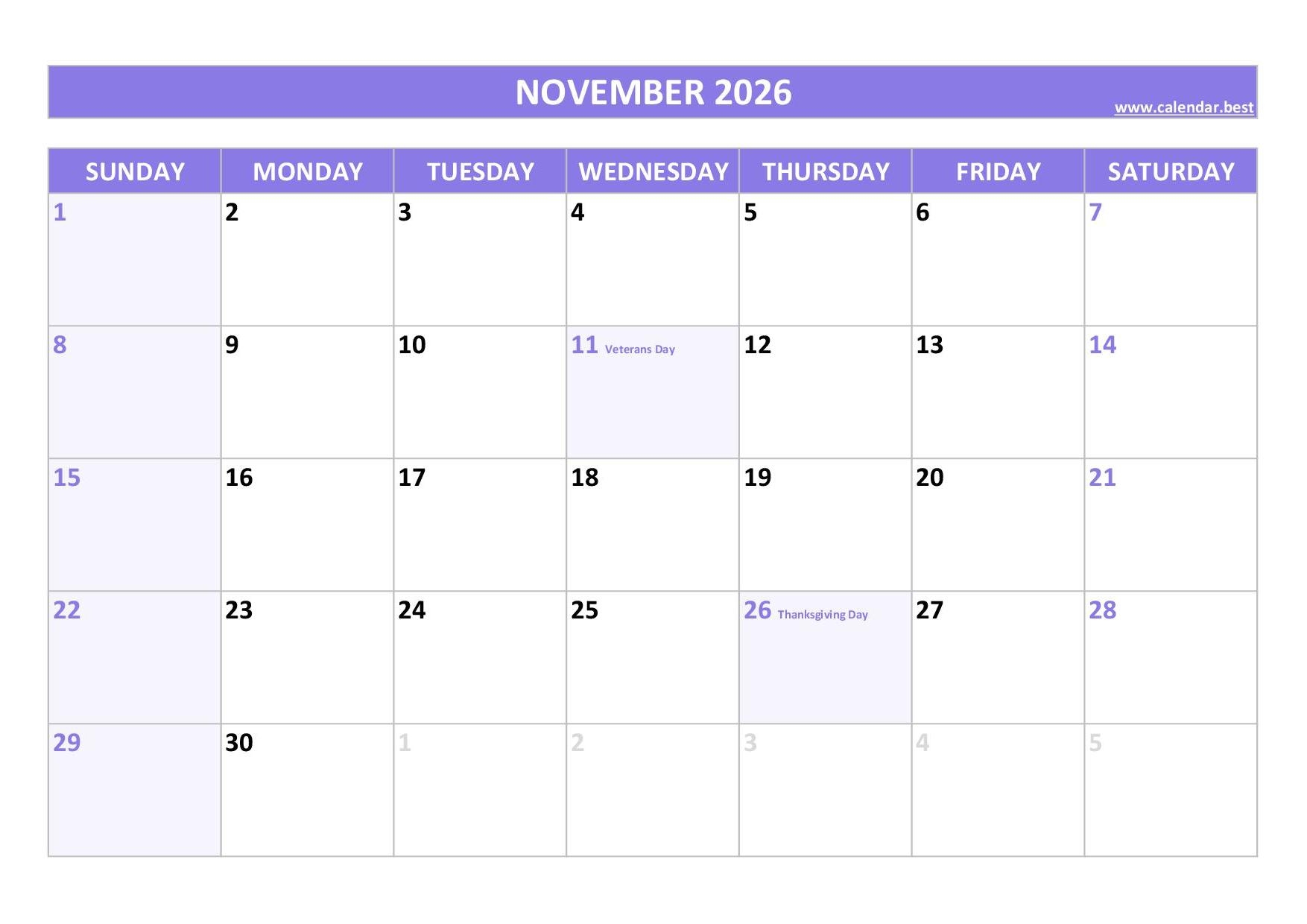 Blank Printable November 2026 Calendar