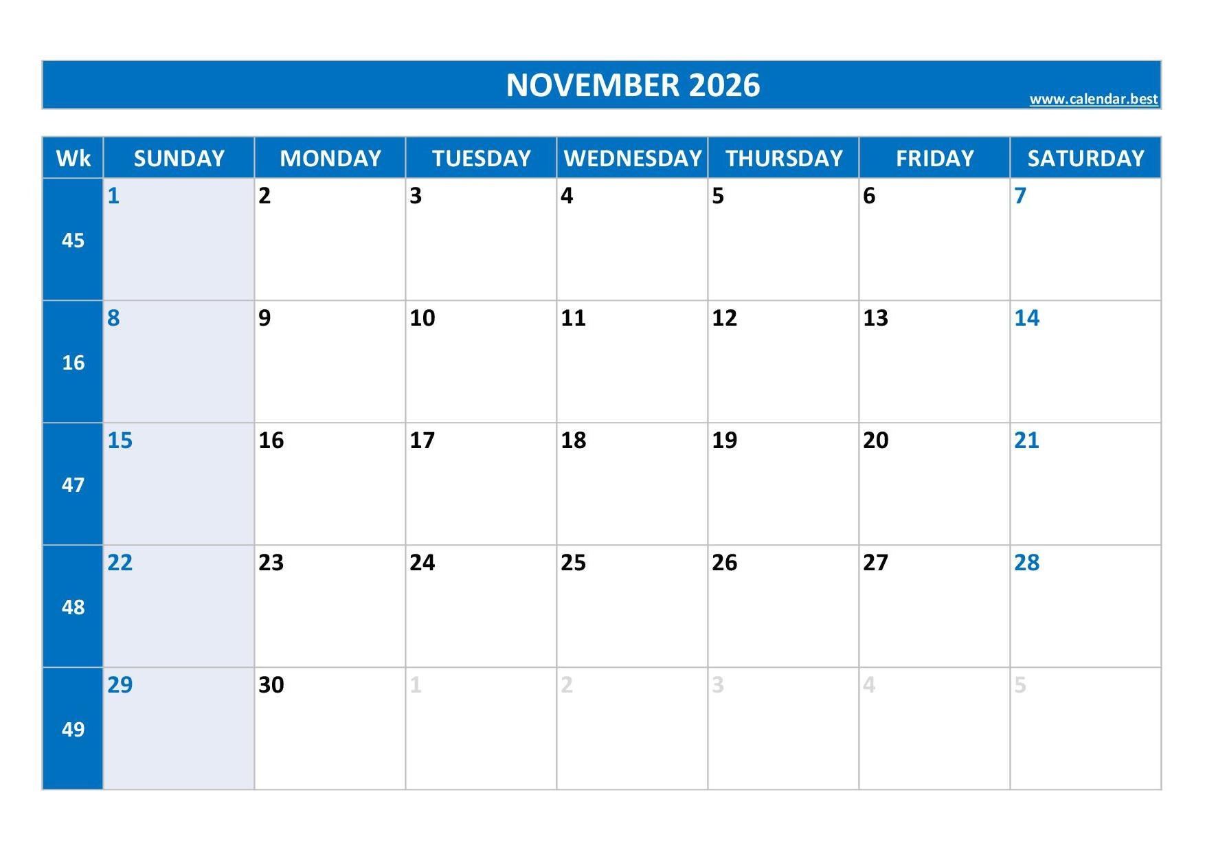 Printable Calendar Monthly November 2026