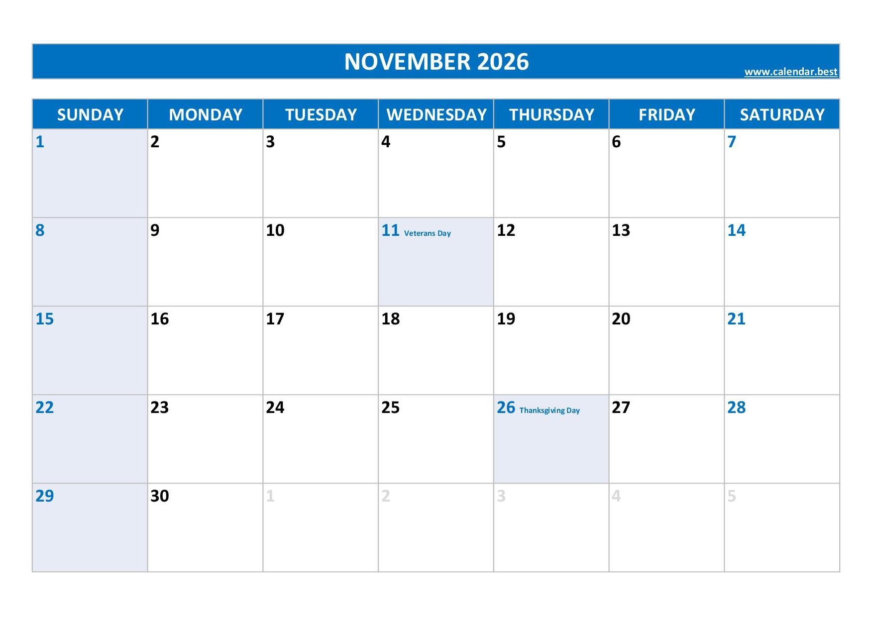 Printable Calendar For 2026 November