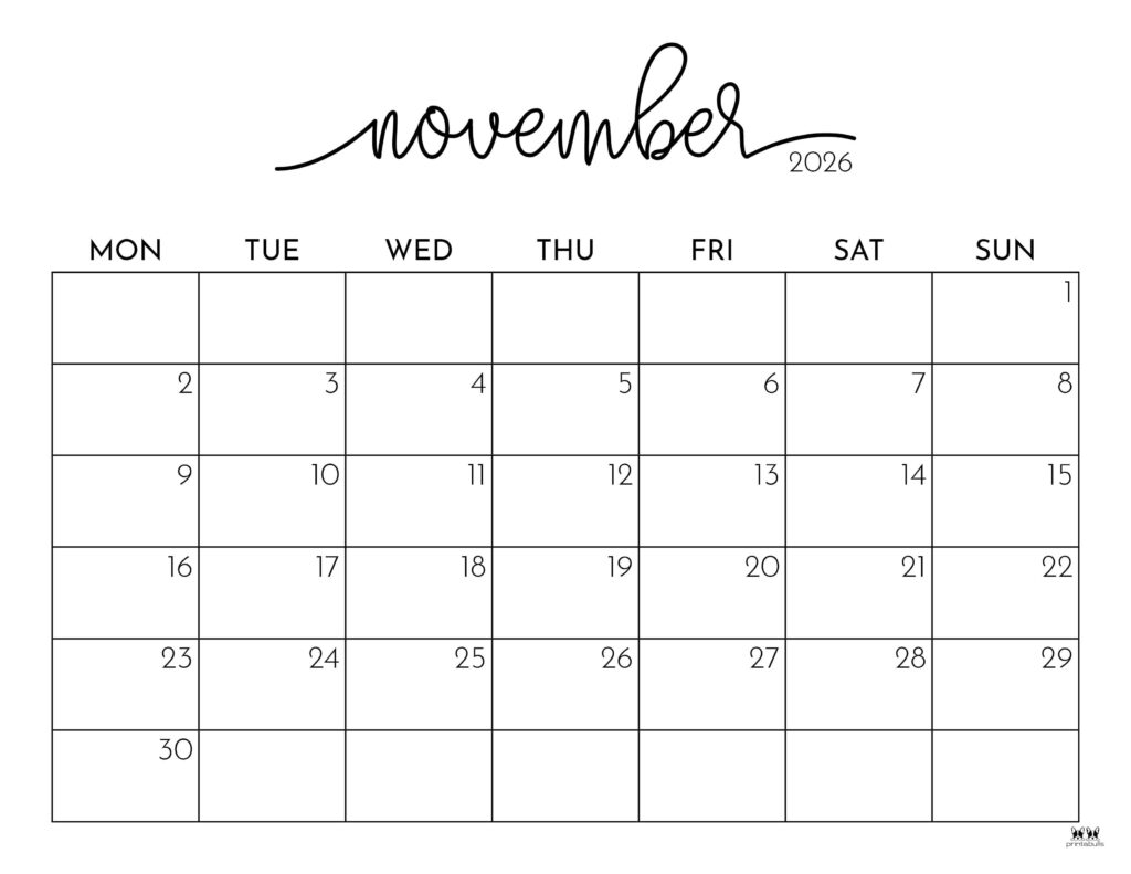 November 2026 Calendars 123 FREE Printables Printabulls