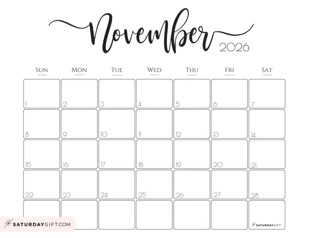 November Printable Calendars 2026
