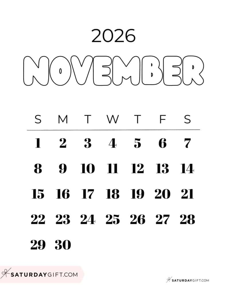 Calendar Template 2026 November Usa Printable