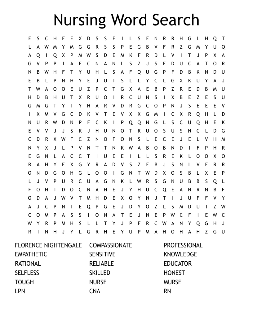 Nursing Word Search WordMint