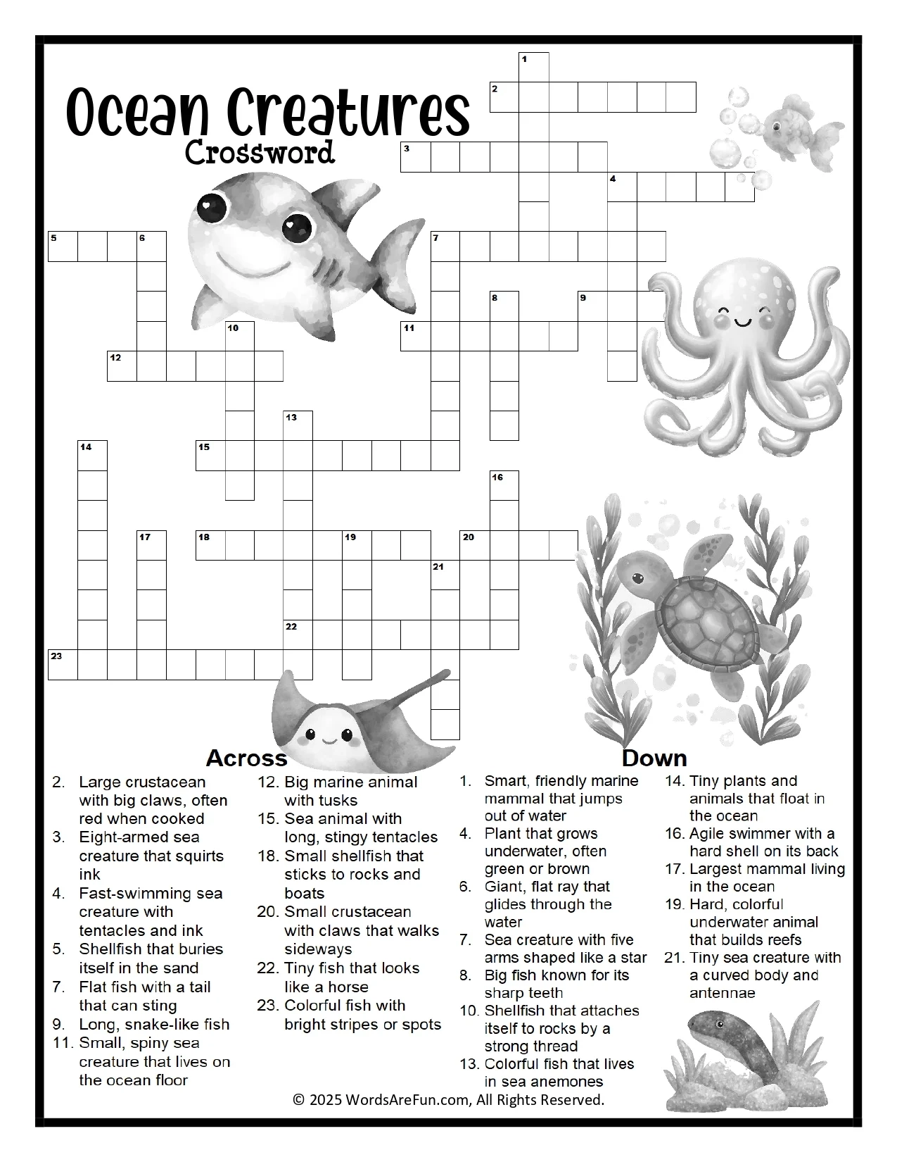 Ocean Creatures Crossword Puzzle Printable For Kids amp Classrooms