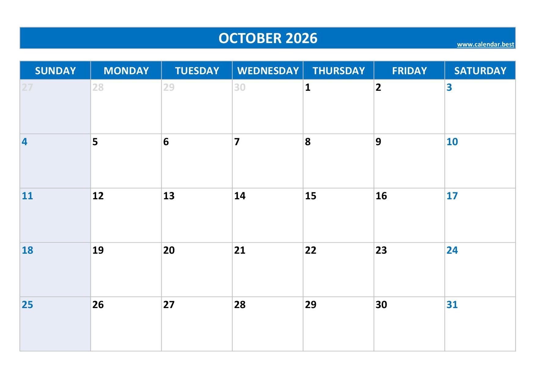 October 2026 Calendar Printable Blank