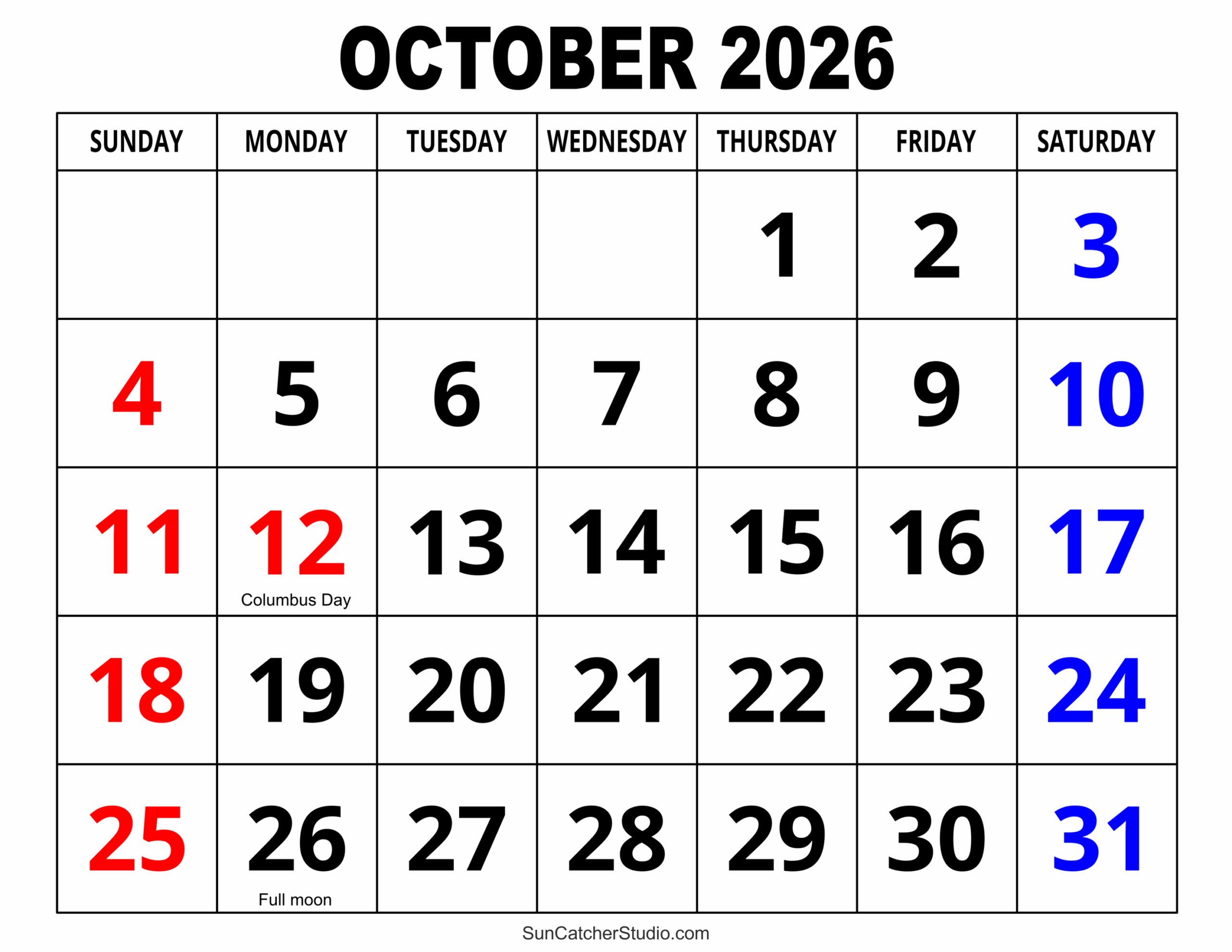 October 2026 Calendar Printable Free