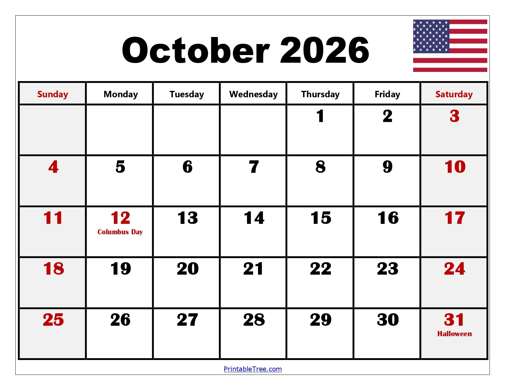 Blank Calendar Printable October 2026