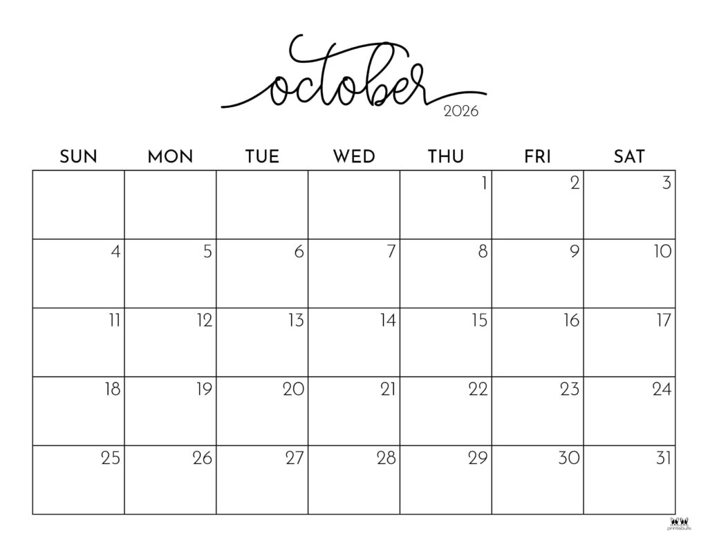 Blank Printable October 2026 Calendar