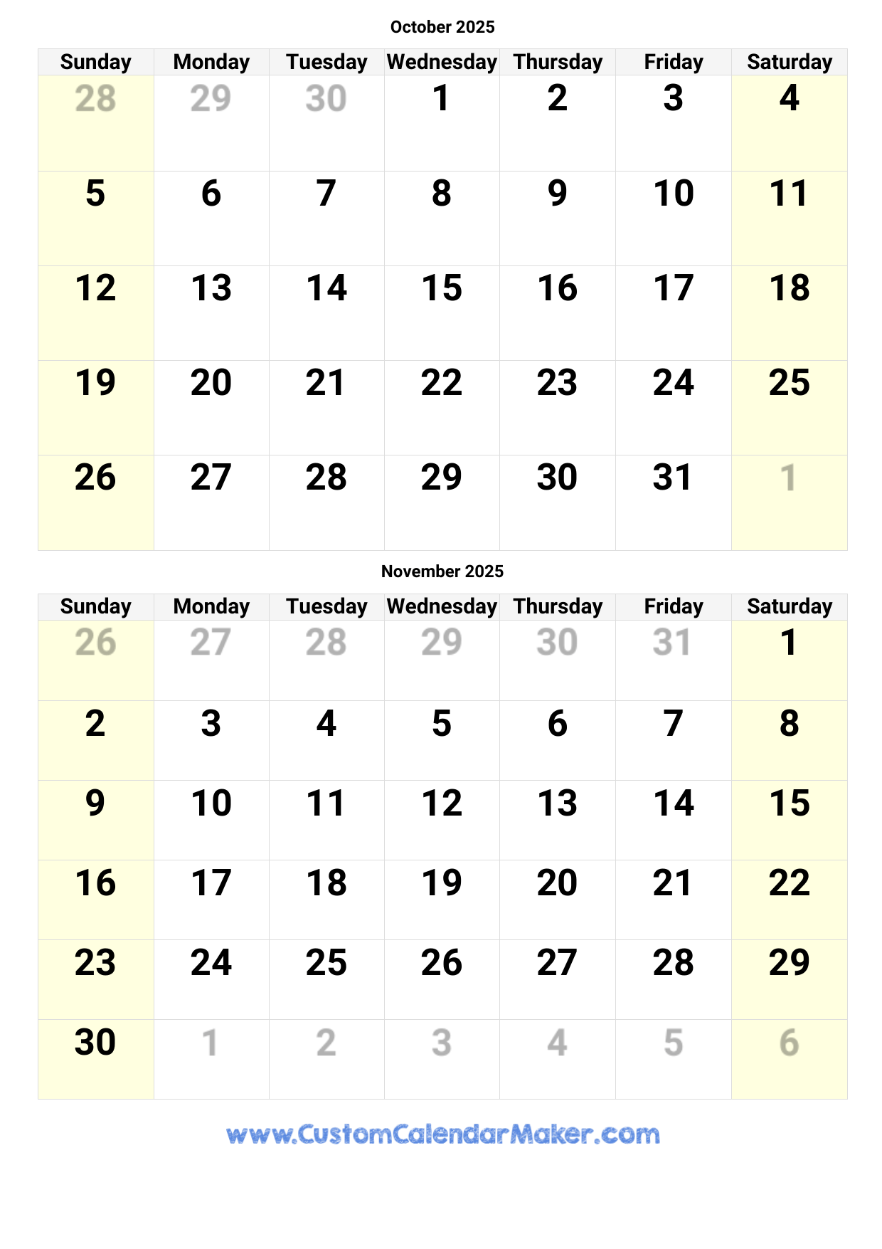 October November Printable Calendars