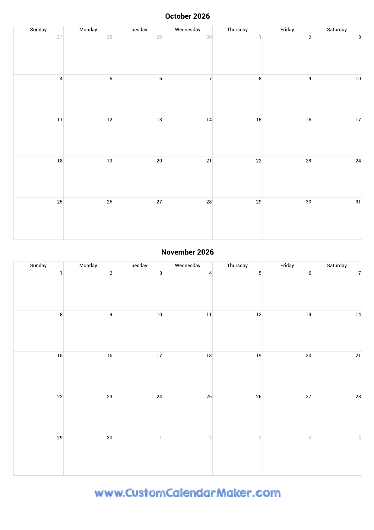 October And November 2026 Calendar Custom Calendar Maker