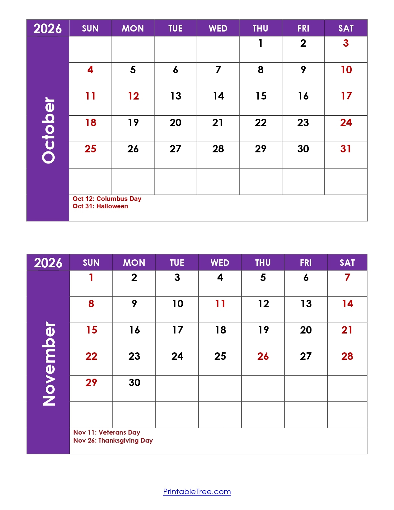 2026 October Through November Calendar Printable
