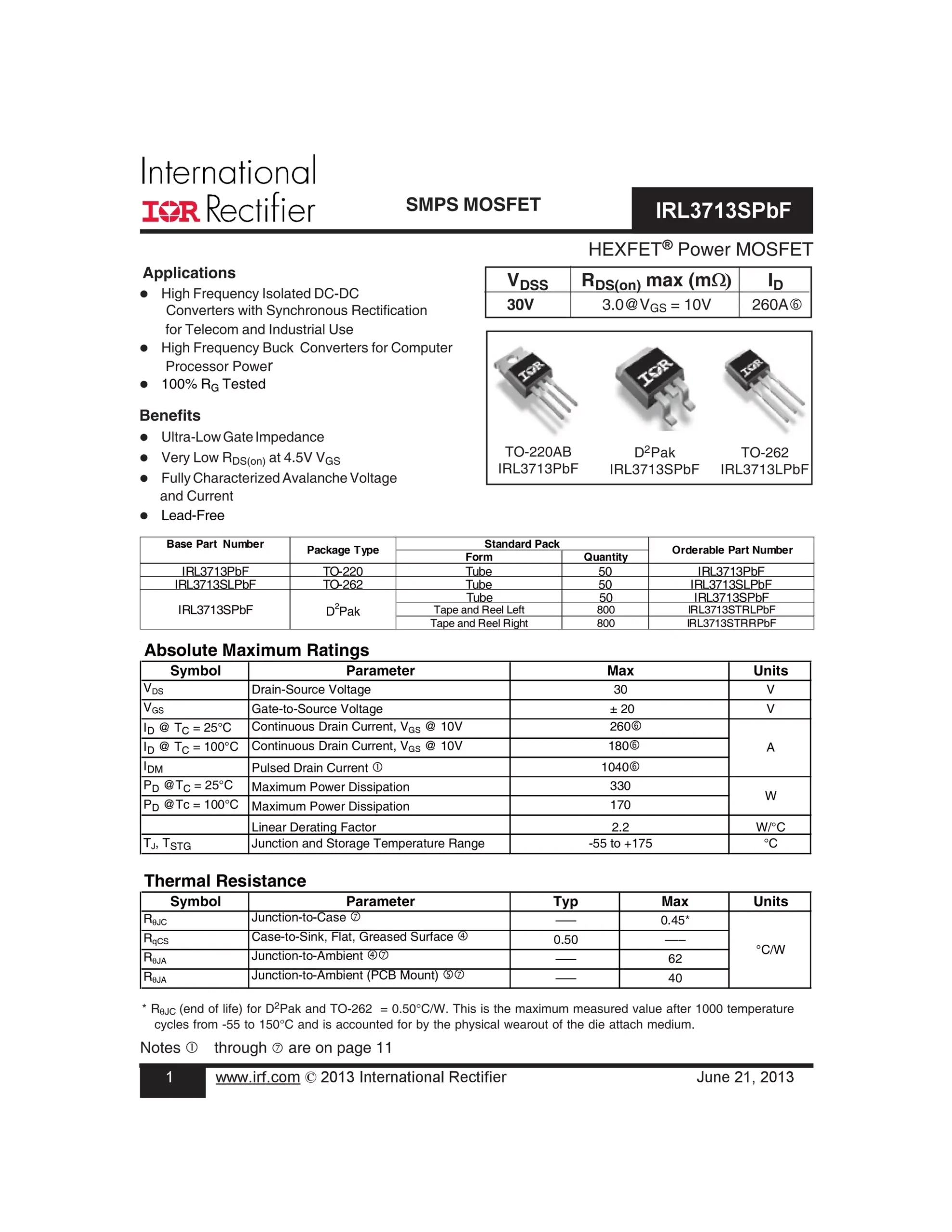 Original Mosfet IRL3713PBF 3713 30V 180A TO 220 New IR PDF