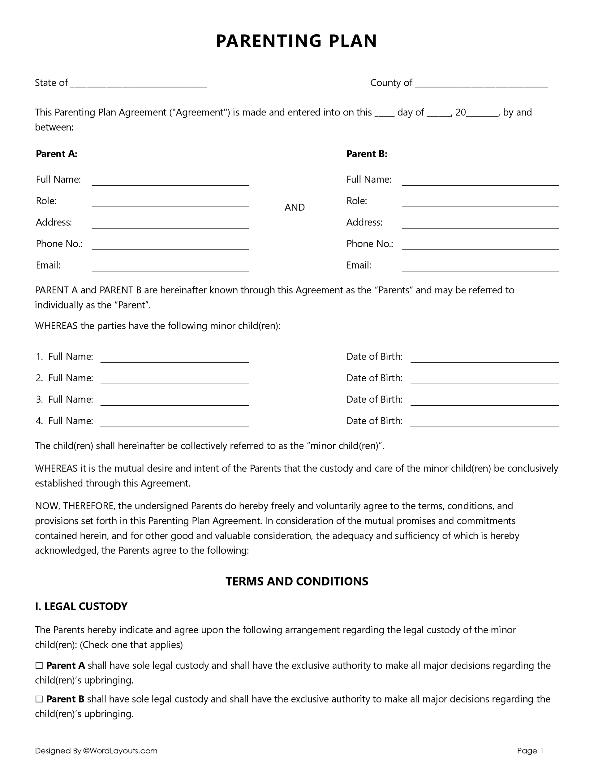 Parenting Plan Template Word Google Docs