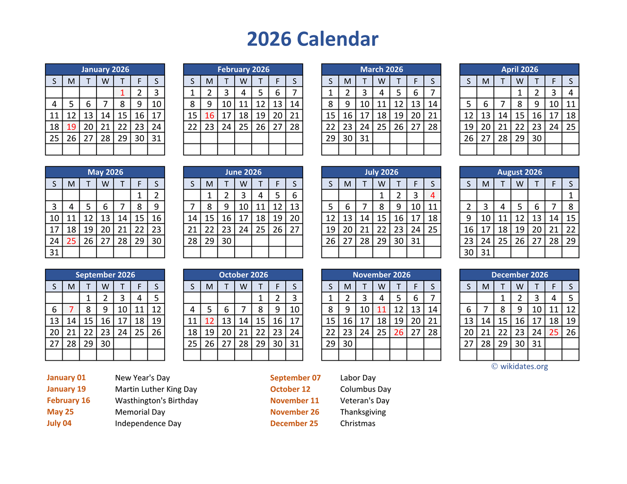 2026 Printable Calendar With Us Holidays